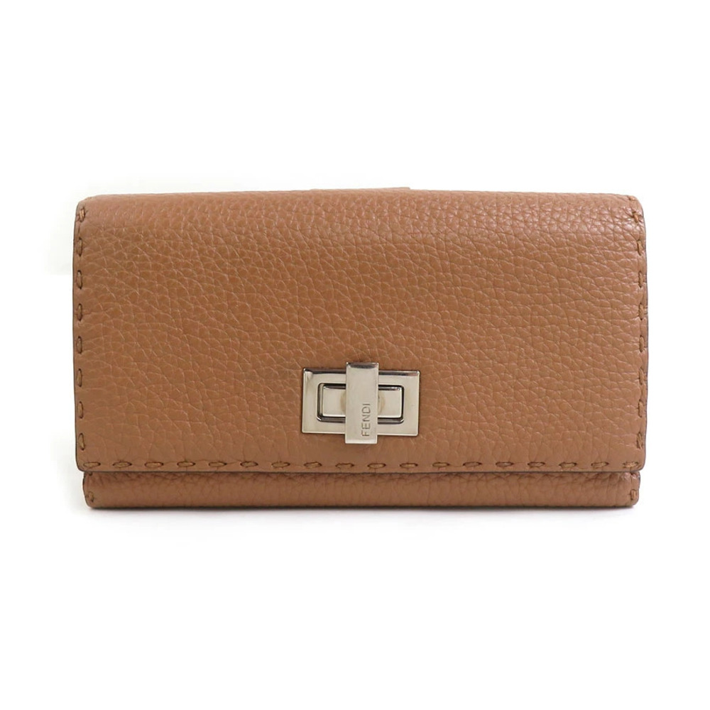 Fendi Selleria Bi fold Long Wallet Brown Leather